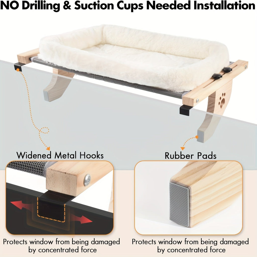 Padded Cat Windowsill Perch with 55x38cm Wood Platform, Metal Hooks, Rubber Pads and Adjustable Fit — image 4