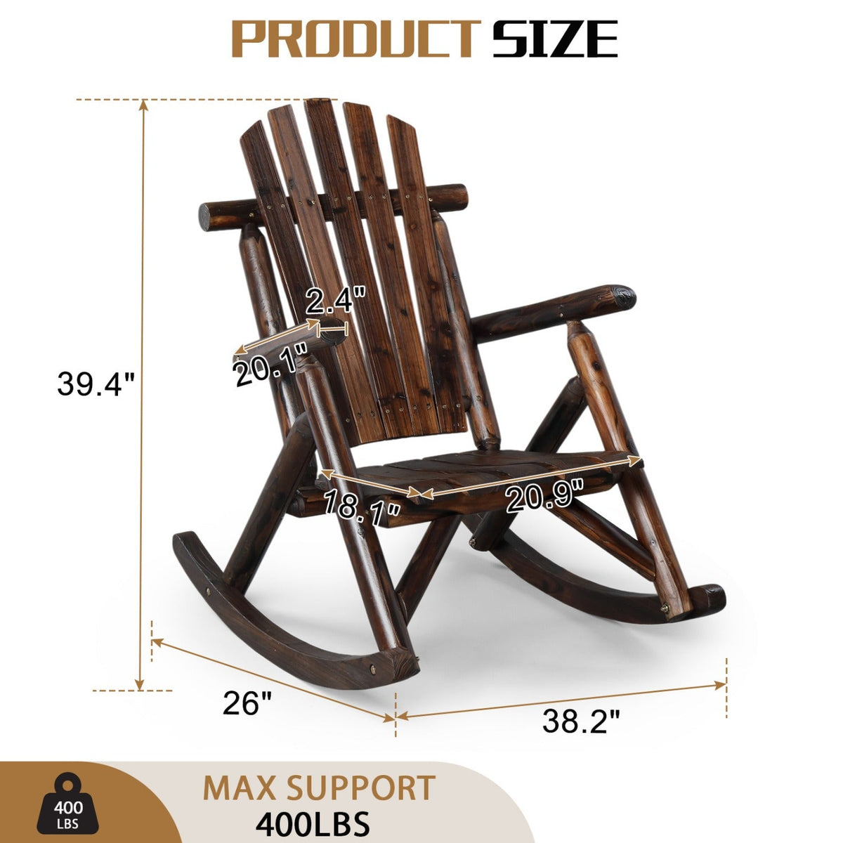 Patio Cedar Rocking Chair 26" Fan-Shaped Backrest Outdoor Rocker for Garden Poolside Patio — image 4