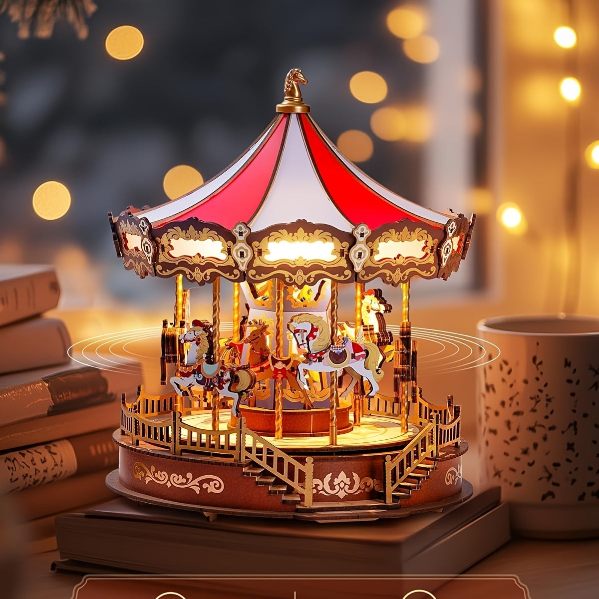 Rolife Carousel Music Box Kit, DIY 3D Wooden Puzzle Architectural Craft Model, Spinning Carousel with Music — image 1