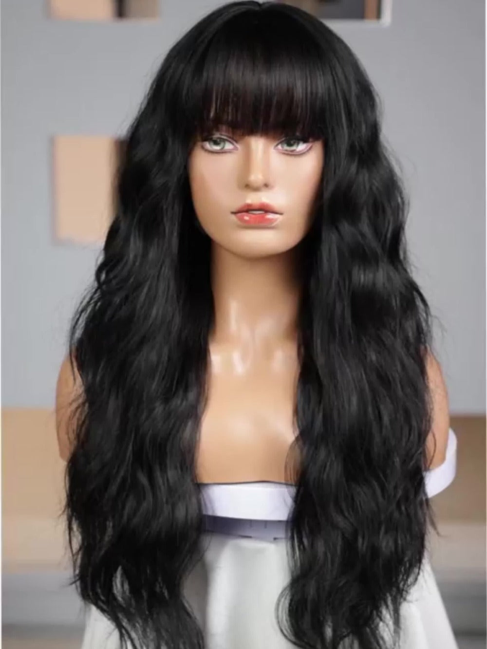 Synthetic Wig 28-Inch Black Body Waves with Bangs and Adjustable Buckle Net Cap for Daily and Party Styling — image 7