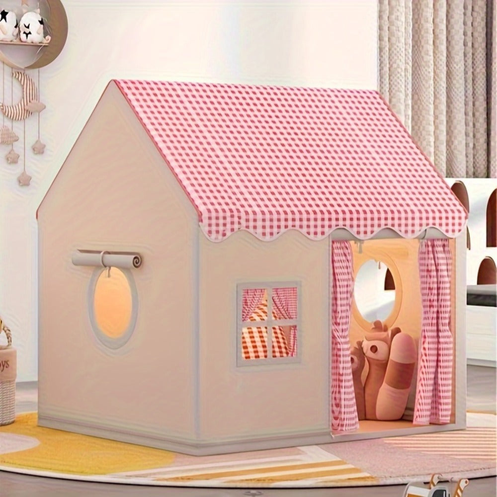 Checked Cabin Kids Play Tent in Pink, Khaki or Yellow with 130 x 120 x 100cm House Frame and Scalloped Roof — image 9