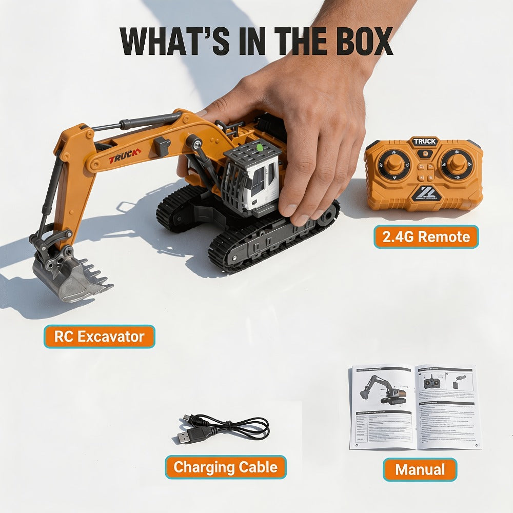 RC Excavator Toy for Kids Track Type 2.4GHz, 1200mAh Rechargeable Remote Control Construction Truck with Metal Shovel & LED L