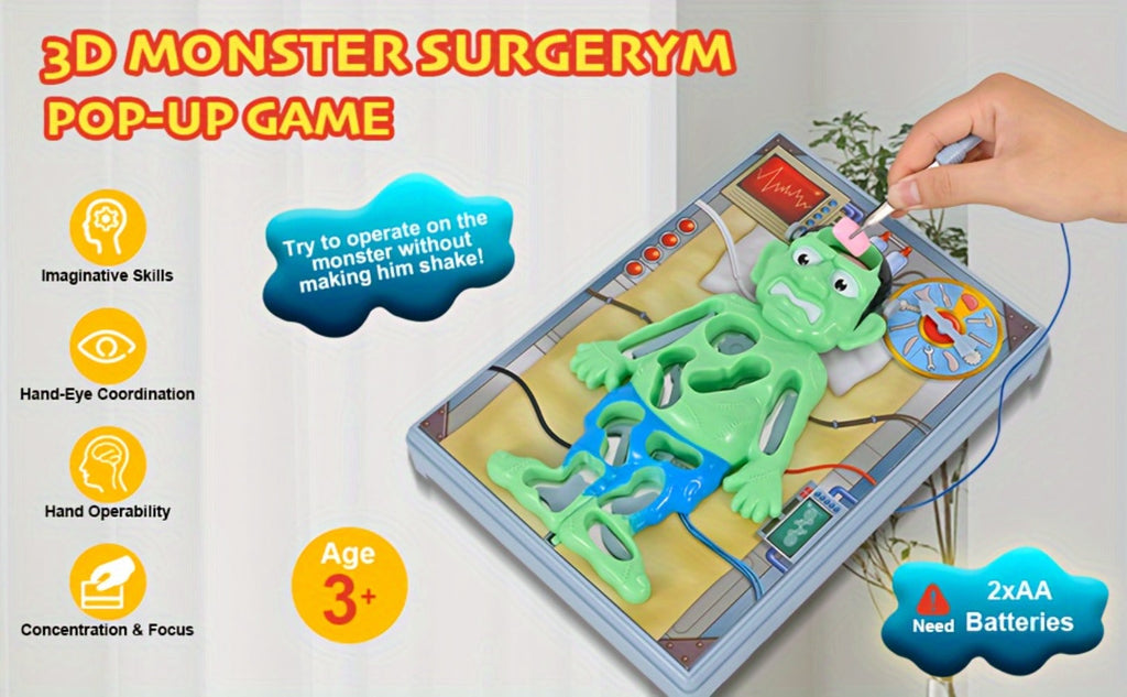 Operation Monster Board Game for Kids, Steady Hand Skill Game with Tweezers, 3D Monster Pieces, Fun Family Game Night for Age