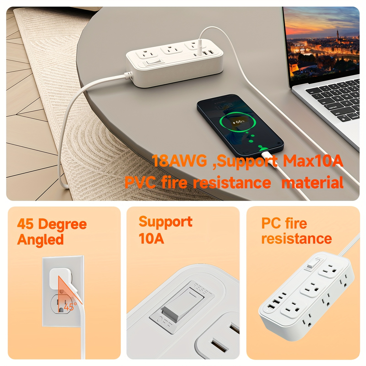 Power Strip Flat Plug with 6 AC Outlets, 2 USB-A, 2 USB-C and 3-Inch, 5-Foot or 10-Foot Cord Options — image 13