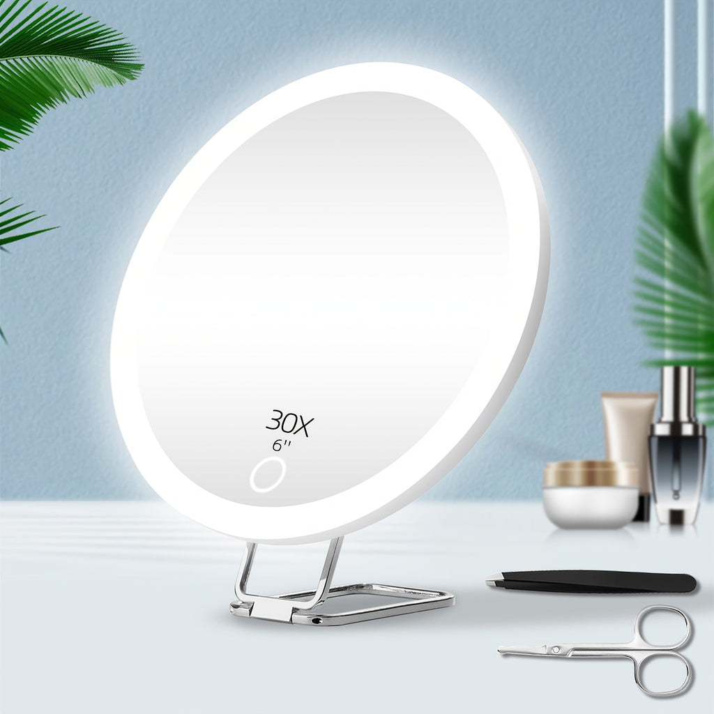 30X LED Magnifying Mirror Rechargeable 6-Inch Lighted Handheld Pocket Mirror with Hanging Loop – Portable Travel Vanity Mirro