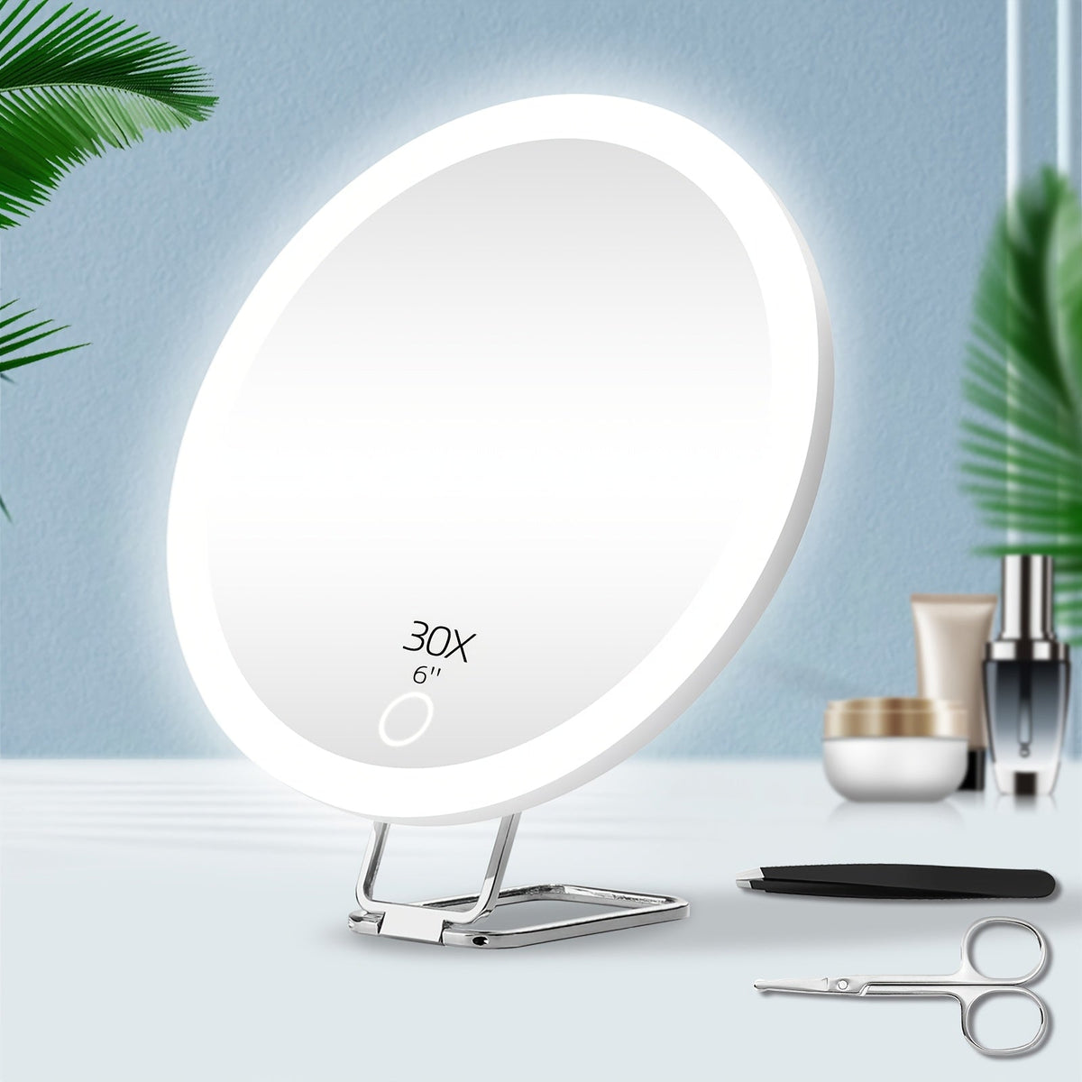 30X LED Magnifying Mirror Rechargeable 6-Inch Lighted Handheld Pocket Mirror with Hanging Loop – Portable Travel Vanity Mirro