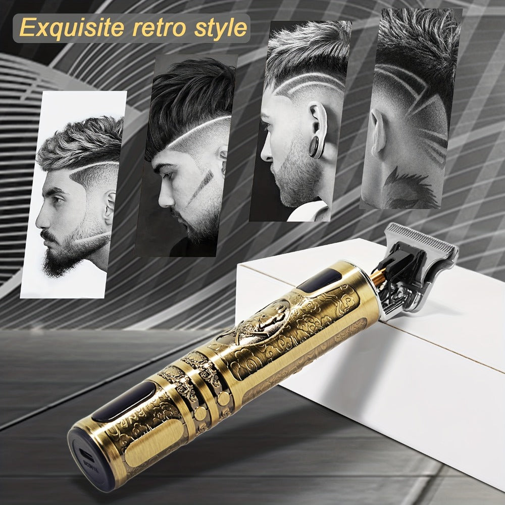 Hair Clippers & Trimmers Vintage Gold T-Blade Model with LCD Display, USB Charging and Three Etched Designs — image 16