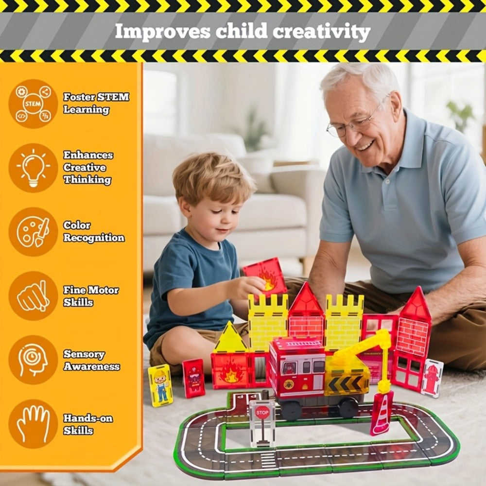 Magnetic Tiles 56-Piece Fire Station Building Set with Road Panels, Crane, Ramps and Vehicle Pieces — image 5