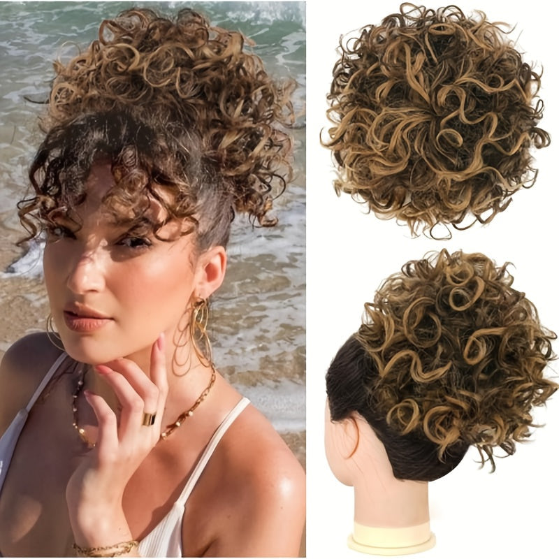 Hair Extensions Curly 10-Inch Synthetic Drawstring Bun with Comb Clips, 80g Weight and Two Brown Color Options — image 11