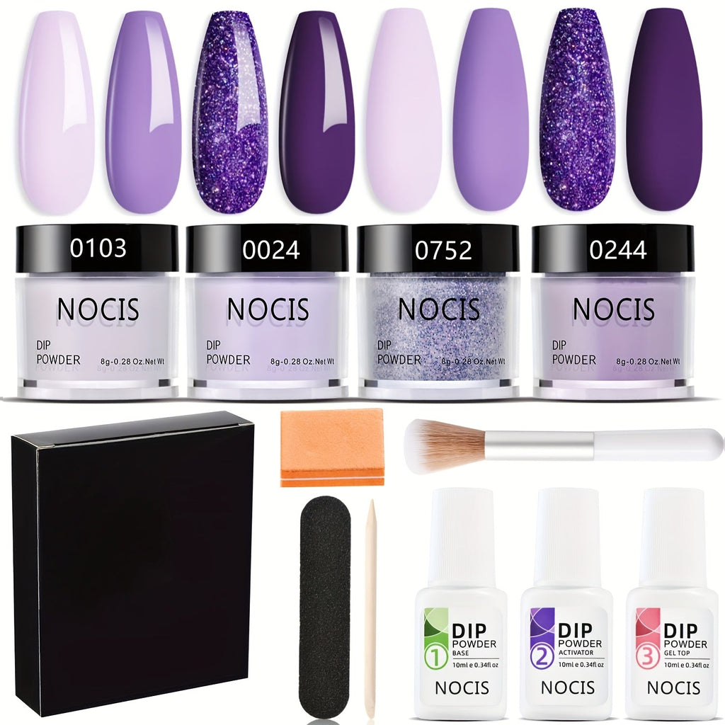 Dip Powder Nail Kit with NOCIS Label, Four Lilac Lavender Purple Glitter Powders, Three 10ml Liquids and Tools — image 13