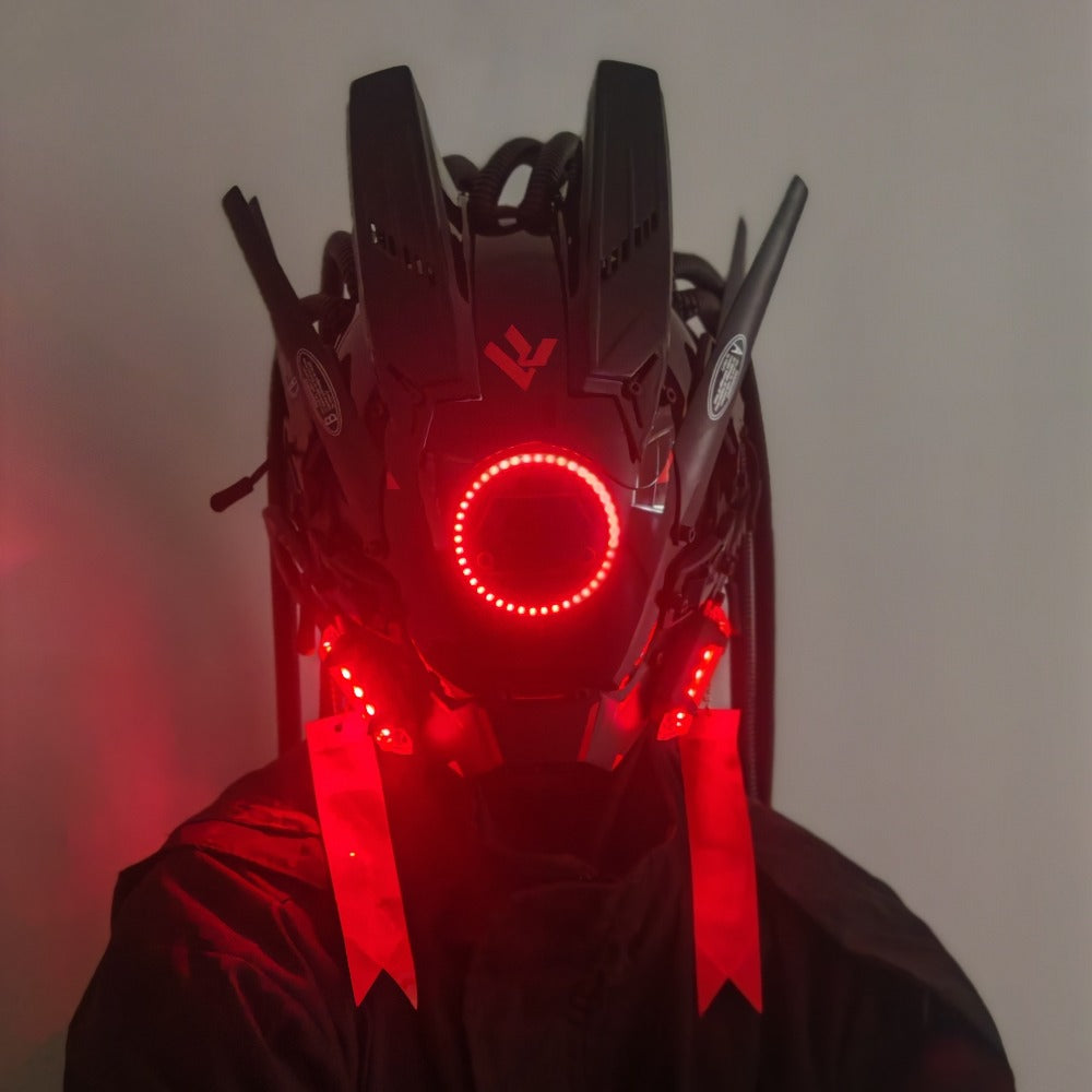 LED Braided Cyberpunk Costume Helmet with Circular Face Light and Blue, Green or Pink Accent Styles — image 10