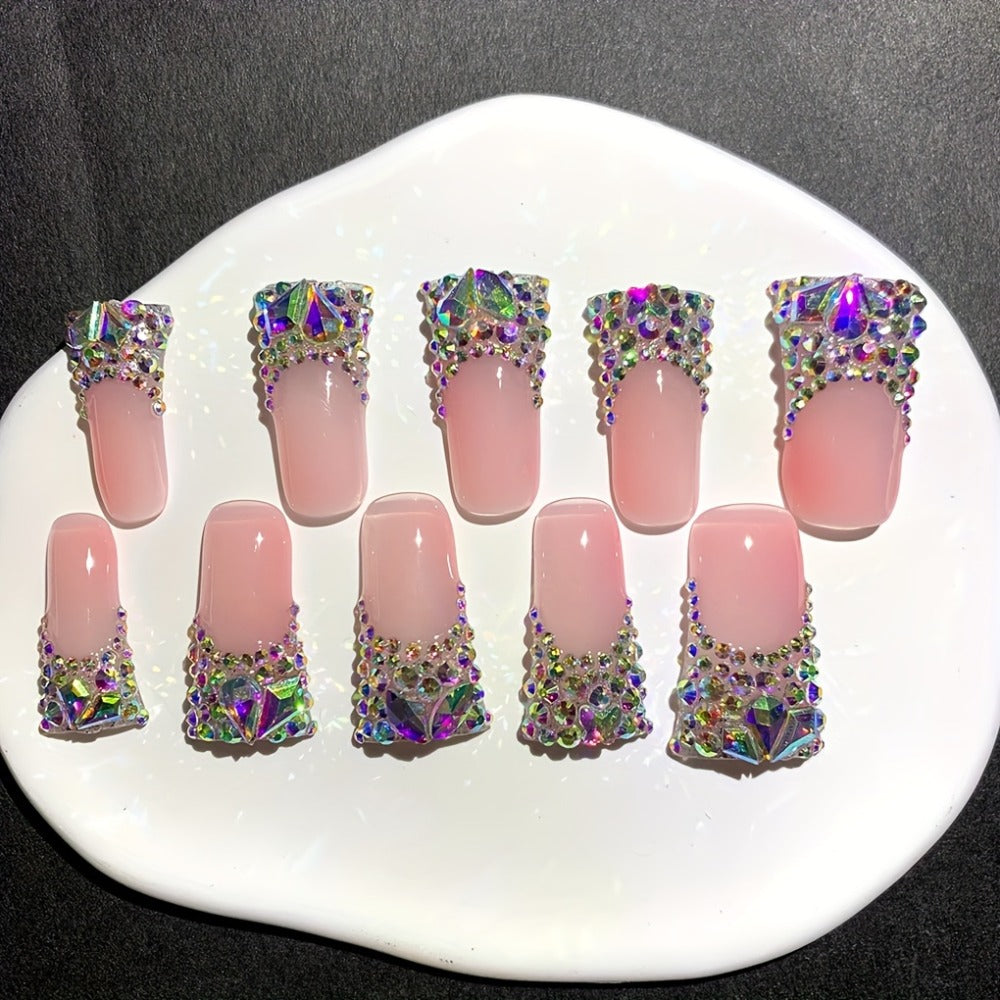 Press On Nails 10-Piece Long Duckbill Set with Nude French Tips, AB Diamond Finish and Nail Tools — image 7