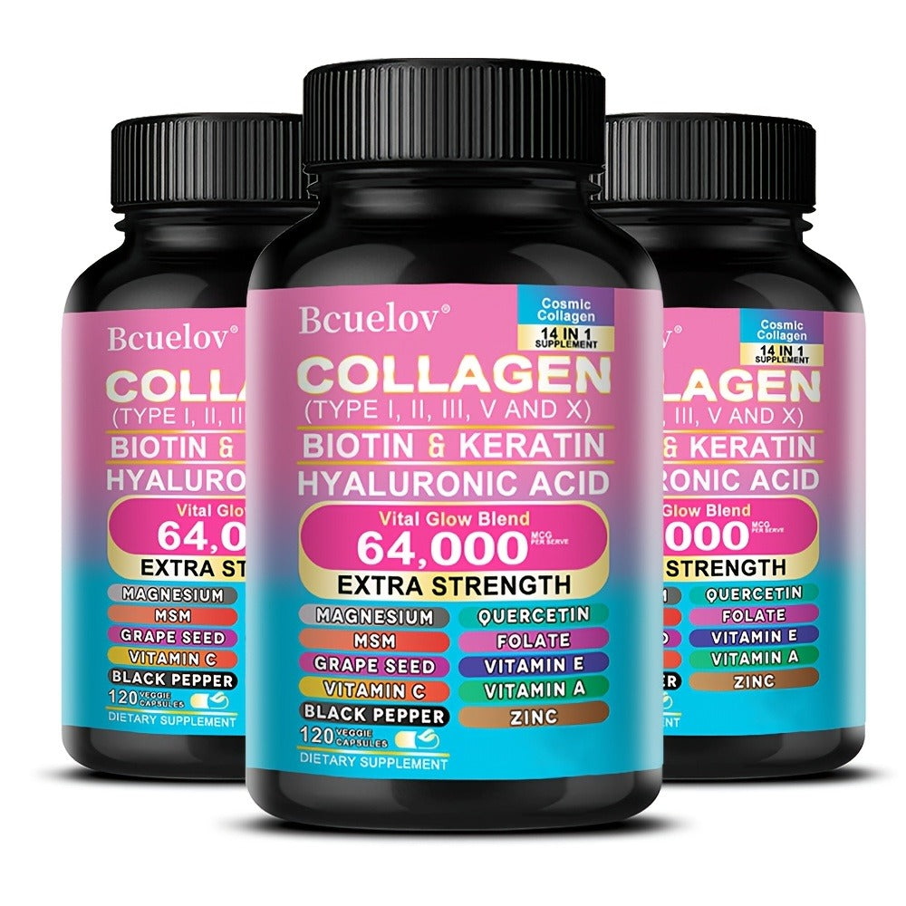 Collagen Capsules Types I II III V X with Biotin Keratin Hyaluronic Acid, Supports Skin Elasticity Hair Growth & Nail Strengt