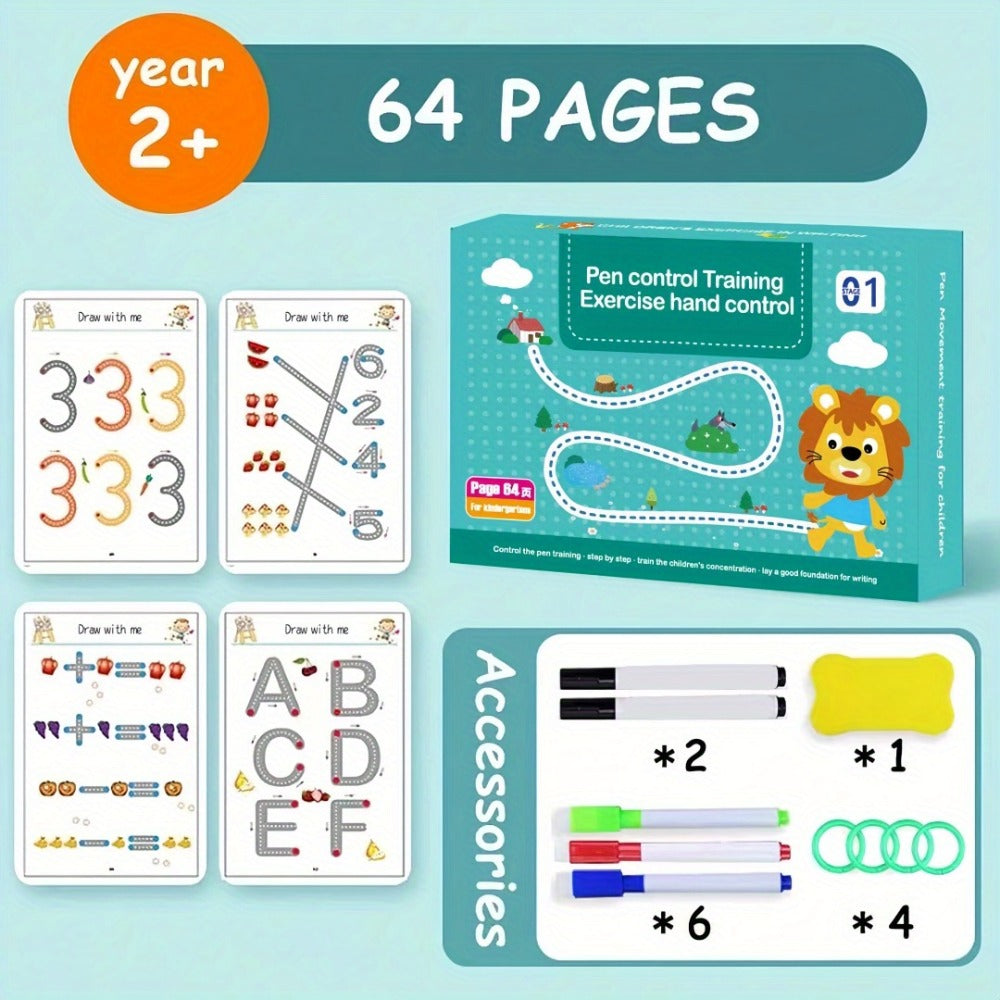 Magic Practice Handwriting & Drawing Book Set for Kids Ages 3-8, 64 Pages Reusable Wipe Clean Workbook with 8 Erasable Pens &