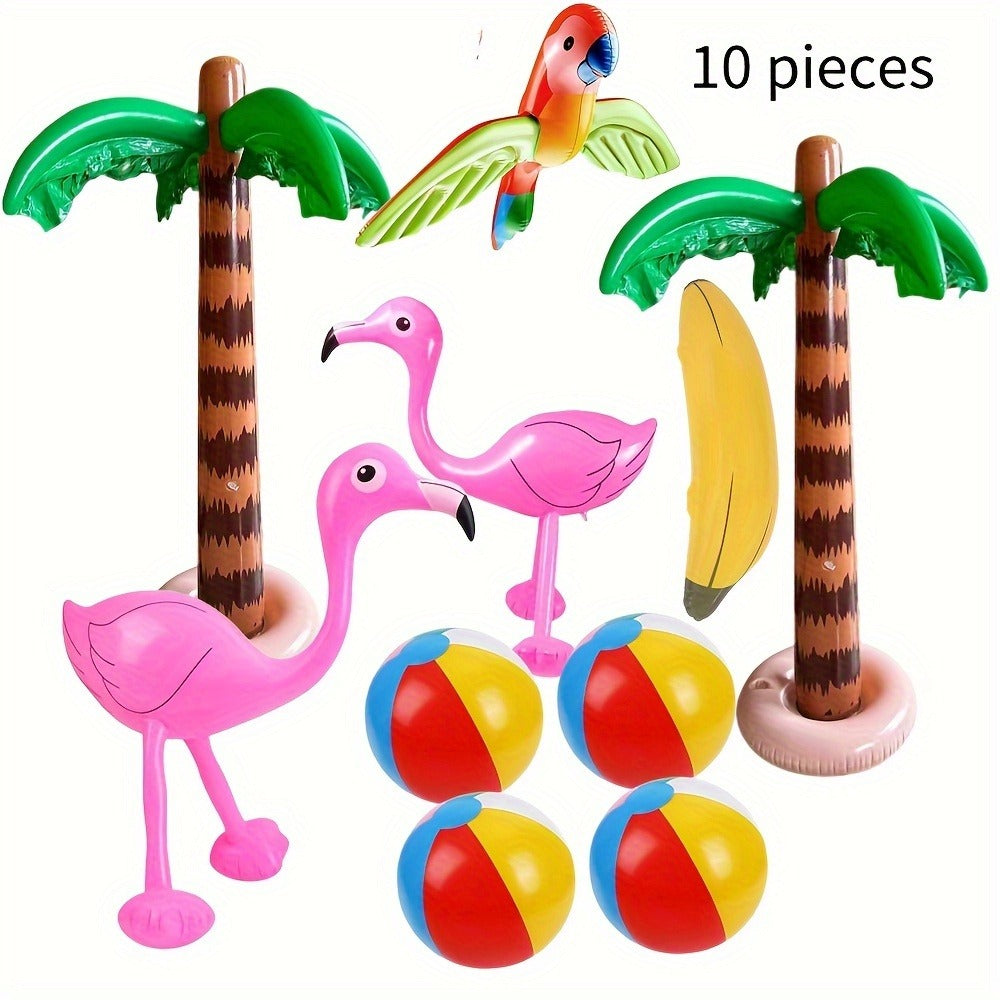 Hawaiian Luau Inflatable Party Decorations 10-Piece Set – 2 Palm Trees, 2 Flamingos, 4 Beach Balls, Parrot & Banana — image 1