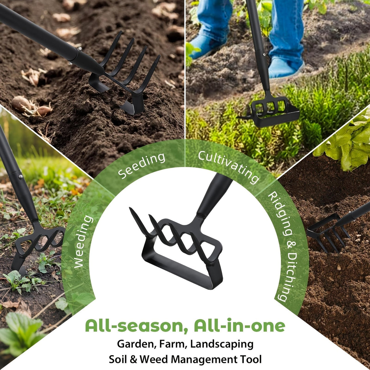 2-in-1 Garden Hand Tool with Stirrup Hoe, Four-Tine Cultivator and 62-, 73- or 82-Inch Sectional Handle — image 2