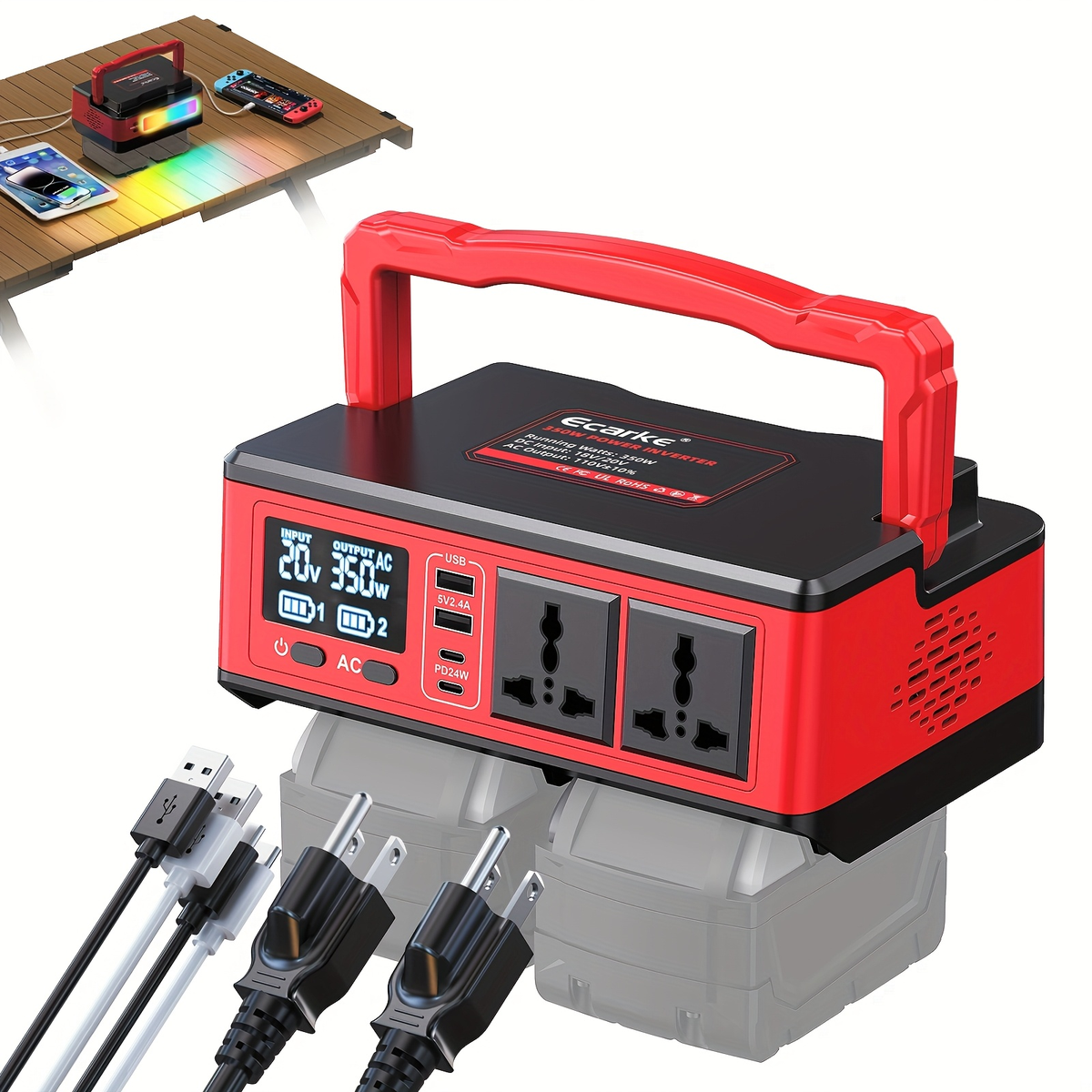 Battery Inverter for Dewalt 20V & 18V - 200W/350W/550W DC to AC 110V, USB, Type-C & AC Outlet, LED Work Light — image 5