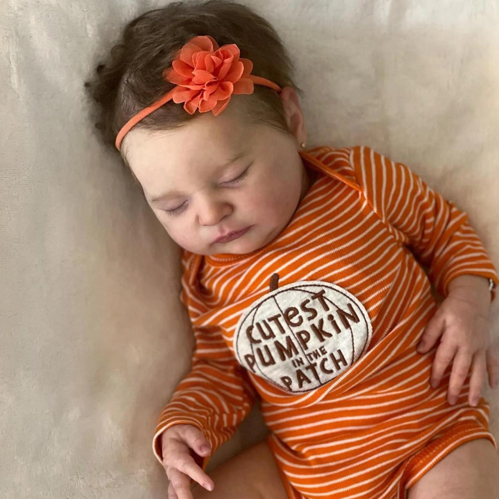 Reborn Baby Doll 20-Inch Sleeping Cloth Body with Rooted Hair, Orange Outfit, Pacifier, Bottle and Accessory Card — image 11