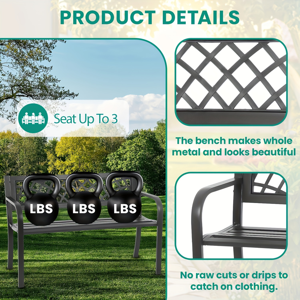 Garden Bench Outdoor Solid Black Metal Frame Patio Seating Park Bench for Backyard Lawn Porch Entryway for Garden, Patio and 
