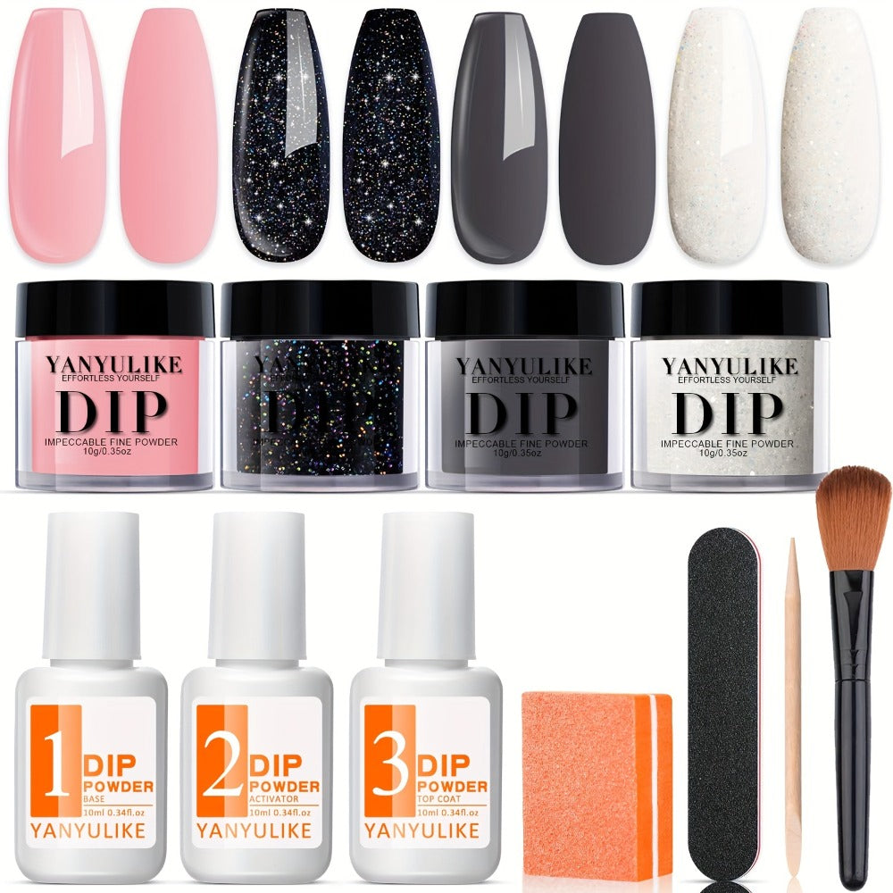 Dip Powder Nail Kit with YANYILIKE Label, Four Pink Black Glitter Gray Pearl Powders and Three 10ml Liquids — image 1