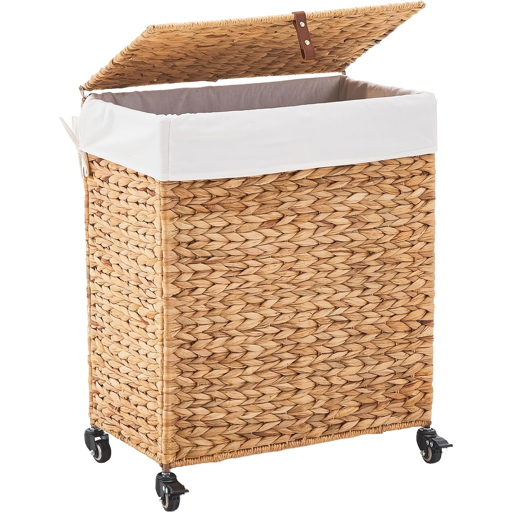 Laundry Basket with Lid & Handles – Handwoven Water Hyacinth Wicker Hamper, Removable Cotton Liner — image 7