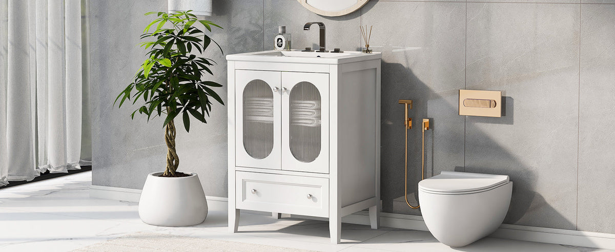 24" Bathroom Vanity with Sink, Bathroom Vanity Cabinet with One Drawer and Doors, Adjustable Shelf, Solid Wood and MDF, White