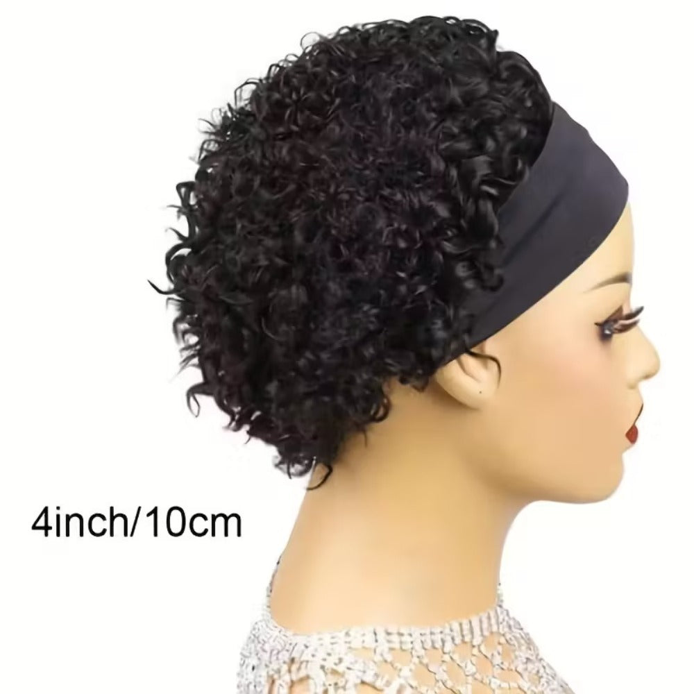 Kinky Curly Headband Wig Human Hair Brazilian 150% Density Glueless 6 Inch | No Glue No Gel Black Burgundy Rust | Beginner Fr