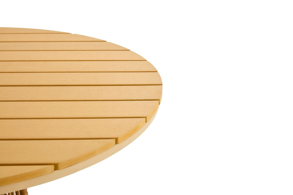 Outdoor dining set of 5 simple bamboo dinning table  PE ratten round table 110CM plastic wood top