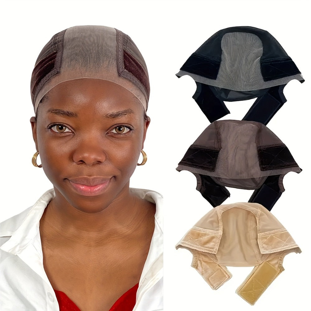 Wide Lace Wig Grip Caps, Two-Piece Set with Ear Cutouts and Adjustable Straps in Brown, Black or Beige — image 2