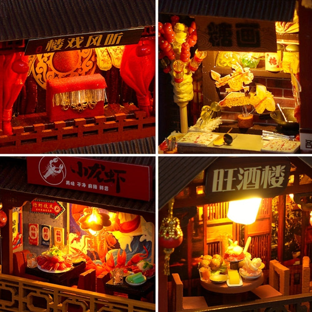 Book Nook Kit Chinese Food Street Miniature Dollhouse 3D Wooden Puzzle Bookshelf Insert DIY Model Building Set for Adults Tee