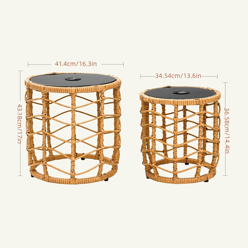 Outdoor Side Tables for Patio, Set of 2 Nesting PE Wicker Frames with Tempered Glass Tops for Patio or Balcony Layouts — imag