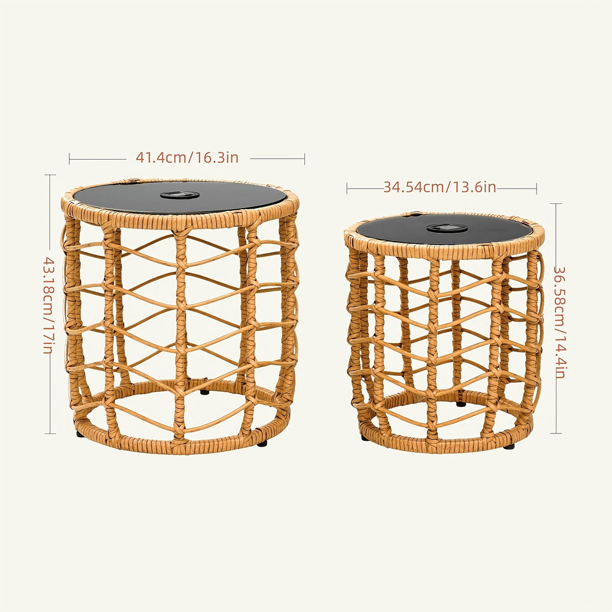 Outdoor Side Tables for Patio, Set of 2 Nesting PE Wicker Frames with Tempered Glass Tops for Patio or Balcony Layouts — imag