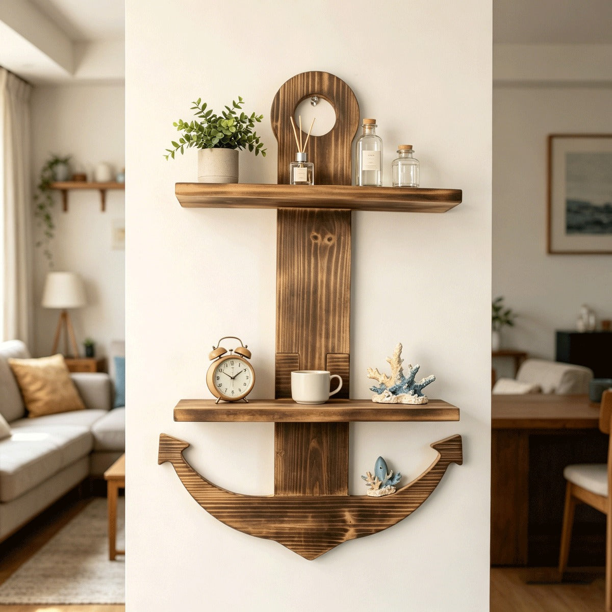 Floating Wall Shelves Solid Wood 2-Tier Nautical Anchor Shelf Handcrafted Heavy Duty Wall Mounted Organizer for Bedroom Livin