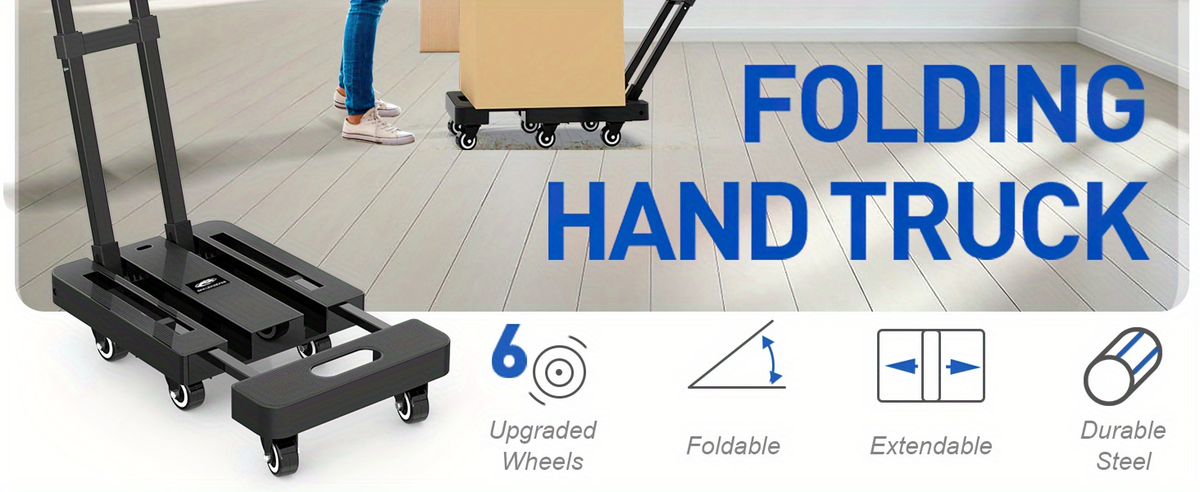 Folding Hand Truck Dolly, Collapsible Luggage Cart with 6 Wheels & 2 Elastic Straps for Moving, Travel — image 17