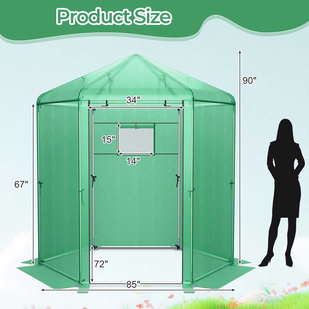 85 x 72 x 90-Inch Walk-In Greenhouse with Green Grid Cover, Roll-Up Door, Mesh Window and Six Ground Stakes — image 3