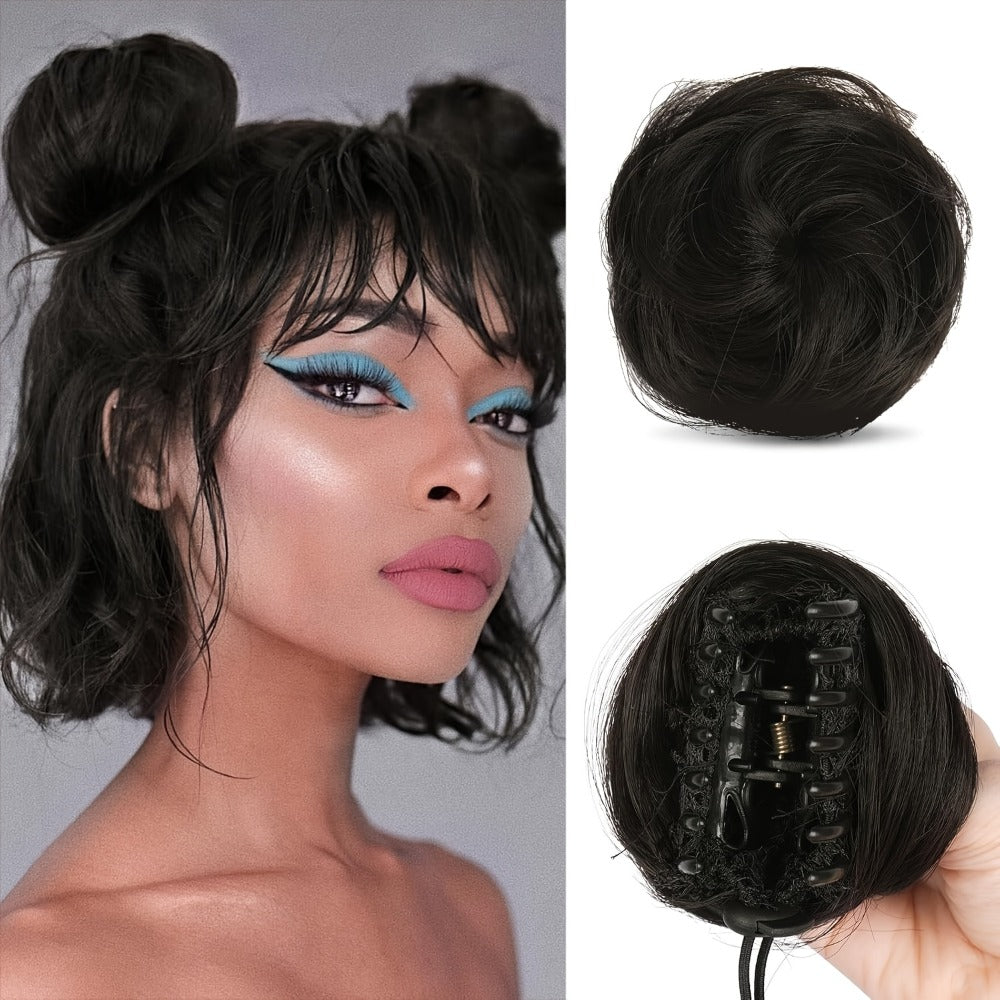Mini Donut Bun Hairpiece with Cat Ears Claw Clip Messy Bun Synthetic Fiber Instant Updo – 2 Pcs Set for Women Girls All Hair 
