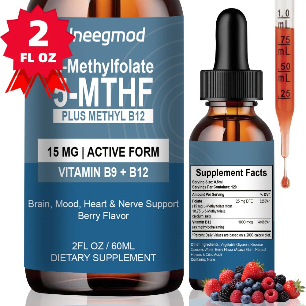 L-Methylfolate 15mg Liquid Drops 2fl oz with Methylated B12, Active 5-MTHF for Brain, Heart & Nervous System Health — image 1