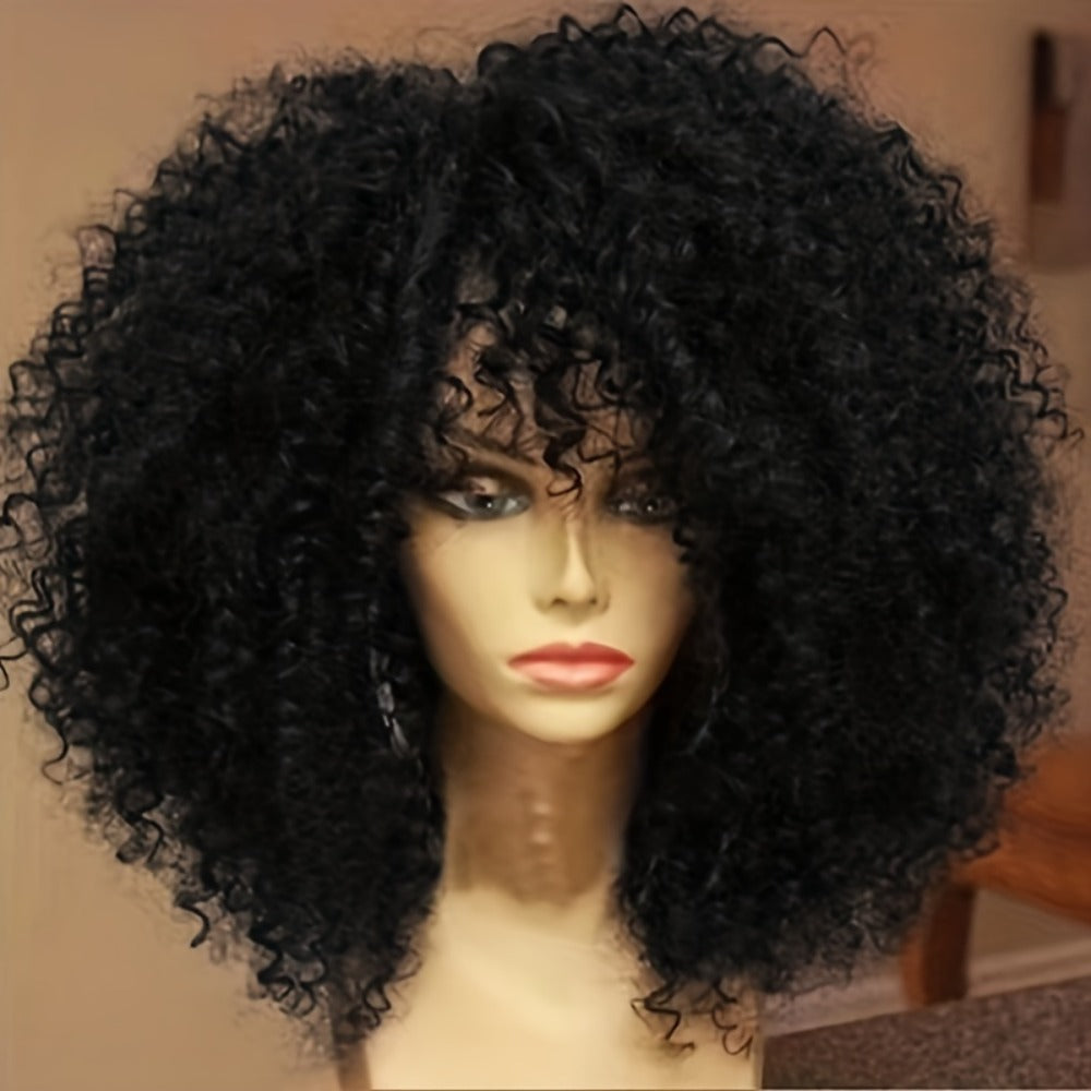 Synthetic Wig 16-Inch Kinky Curly Afro with Bangs in Color 1B and Elastic Cap for Parties and Cosplay — image 3
