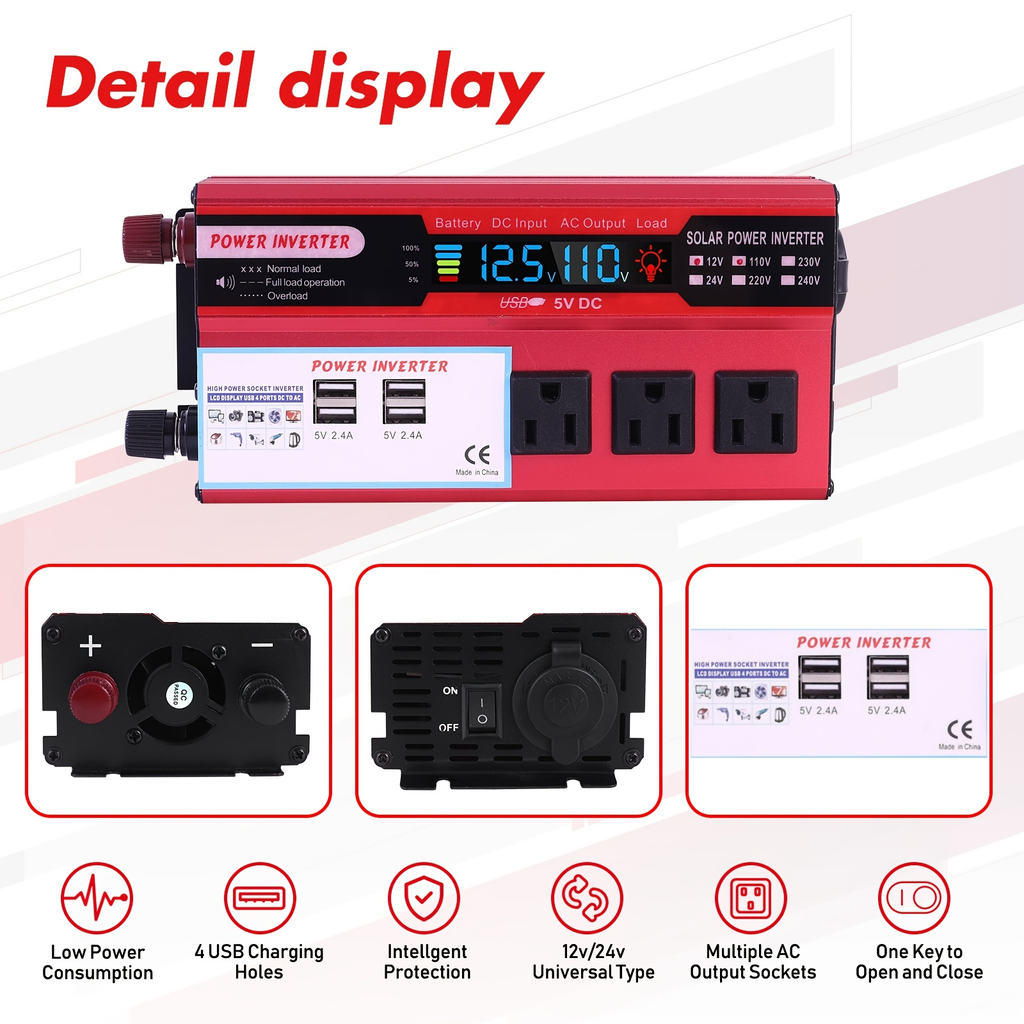 DC to AC Inverter 4000W 5500W 6500W 16000W Peak DC 12V to AC 110V High Power Car Inverter with USB Ports for Garden, Patio an