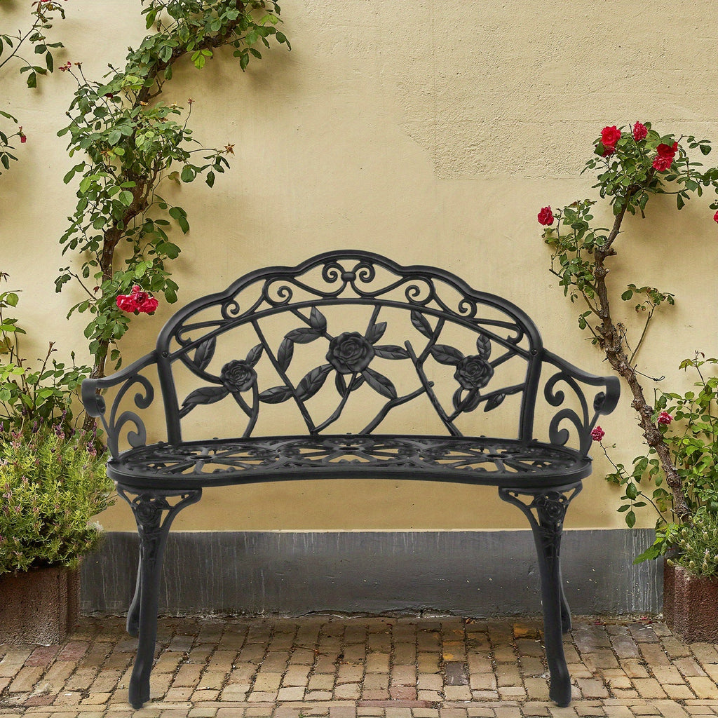 Floral Metal Outdoor Bench with 38.5in Rose-Pattern Seat and Back, Curved Arms and Four Color Options — image 4