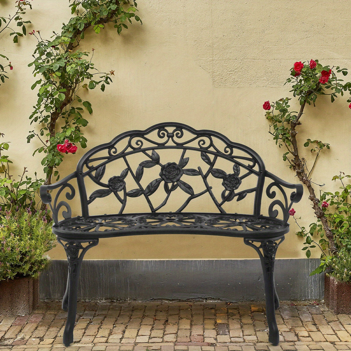 Floral Metal Outdoor Bench with 38.5in Rose-Pattern Seat and Back, Curved Arms and Four Color Options — image 4