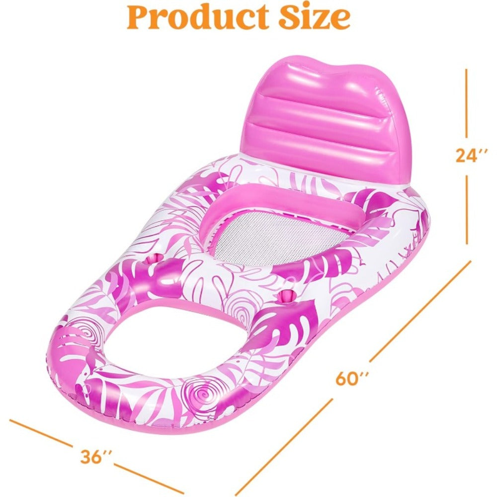 Pink Tropical Inflatable Pool Recliner Float, 60 x 36 x 24 Inches with Mesh Seat and Cup Holder — image 3