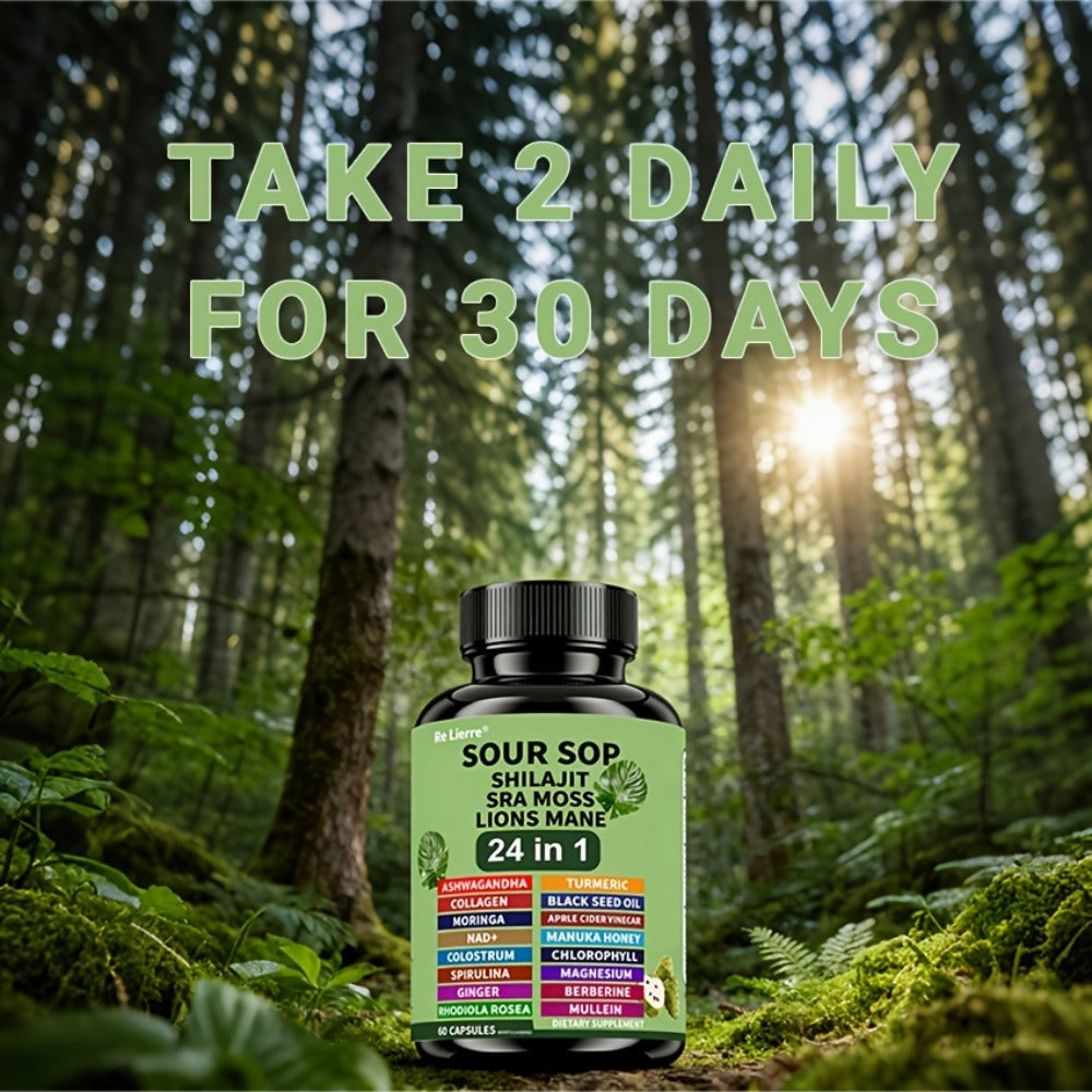 Dietary Supplement Sea Moss 24-in-1 Capsules with Soursop, Lion’s Mane and Shilajit, One or Two Bottles — image 14