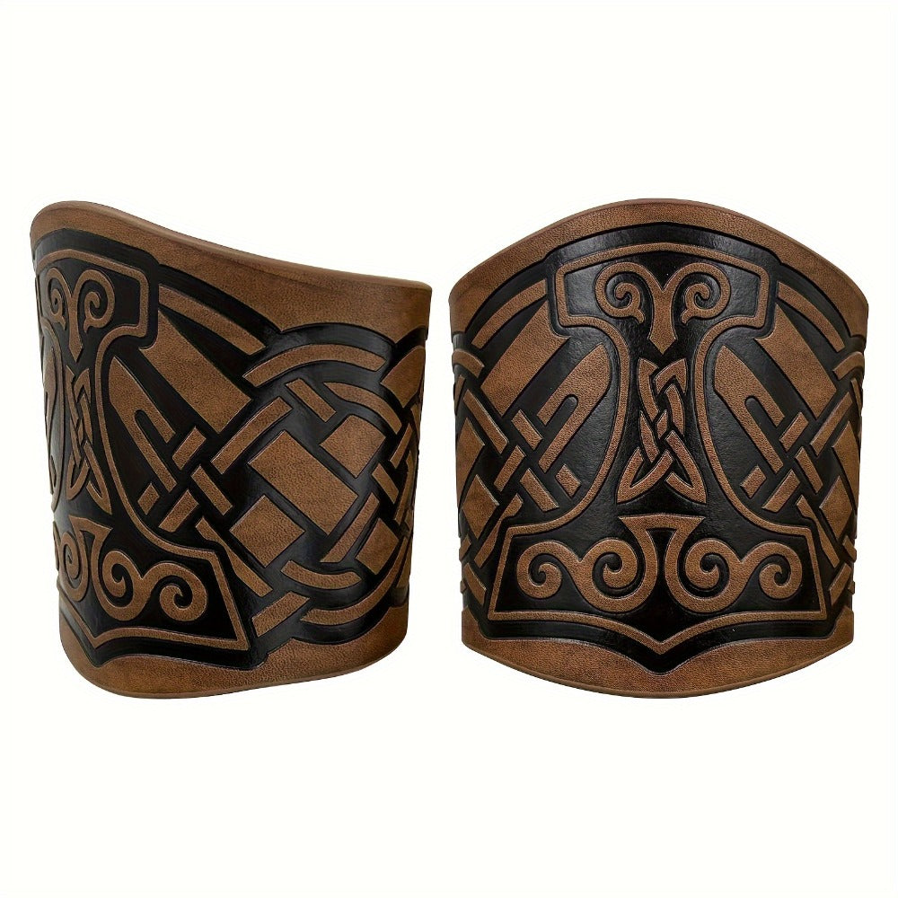 Viking Leather Cuff Bracelet Set 2pcs Norse Mythology Mjolnir Vegvisir Embossed Wristband for Men Women Halloween Gift — imag
