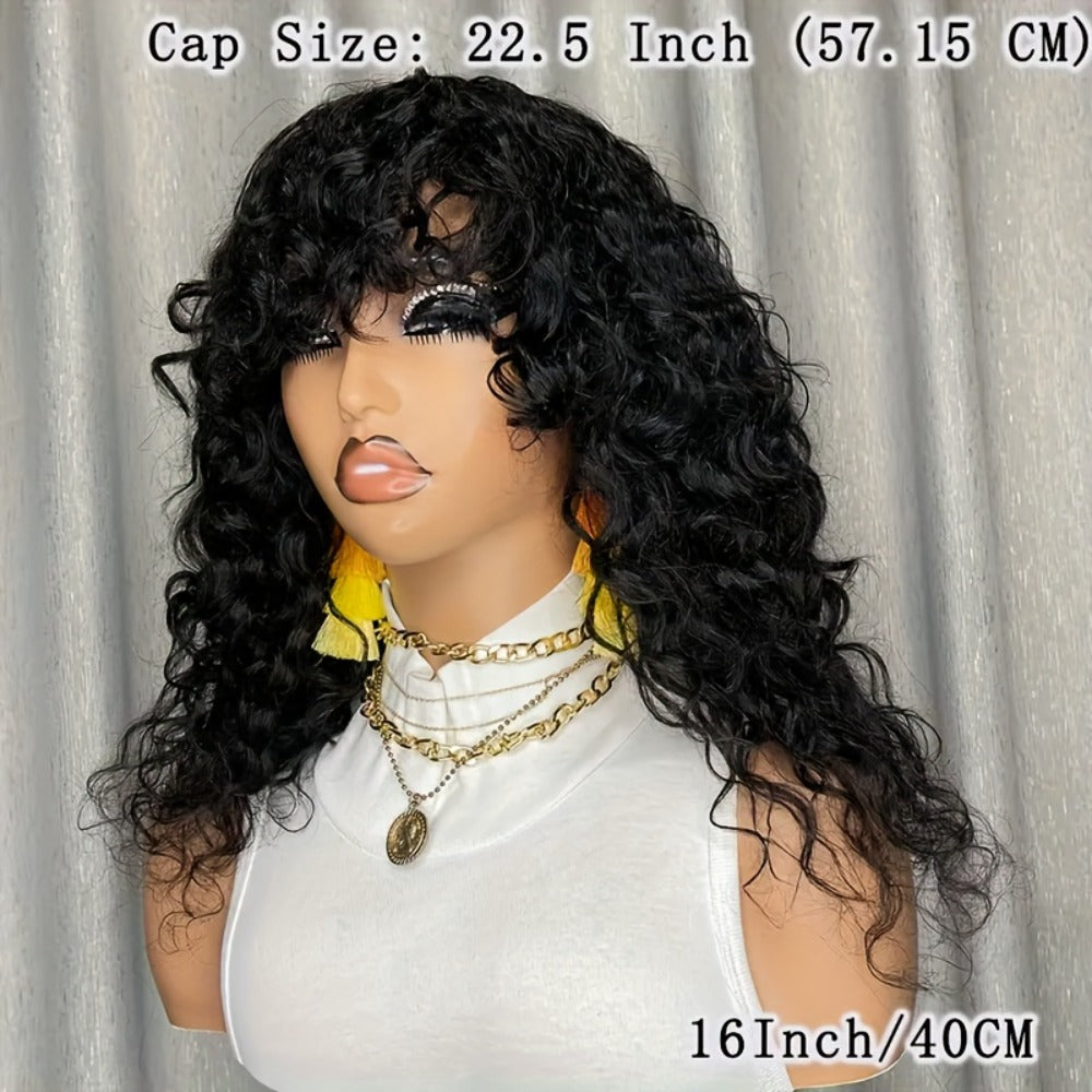 Remy Human Hair Water Wave Wig with Bangs Glueless Full Machine Made Rose Net Cap, for Home, Travel and Salon Hair Styling — 