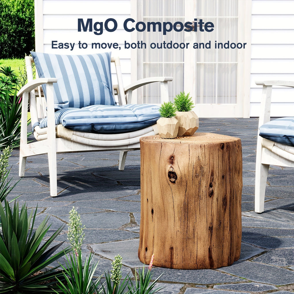 Outdoor Side Table Faux Wood Tree-Stump Design in Magnesia with Cylindrical Form and Brown Finish — image 5