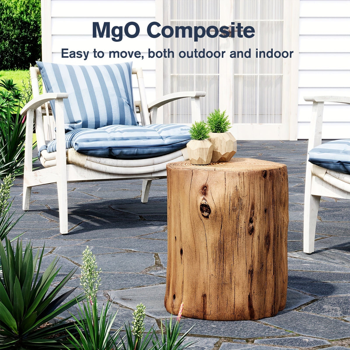 Outdoor Side Table Faux Wood Tree-Stump Design in Magnesia with Cylindrical Form and Brown Finish — image 5