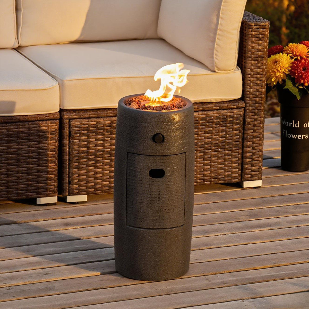 Propane Fire Pit Portable 11 Inch Outdoor 15000 BTU Self-Lighting Metal Concrete All-Weather Round Patio for Garden, Patio an