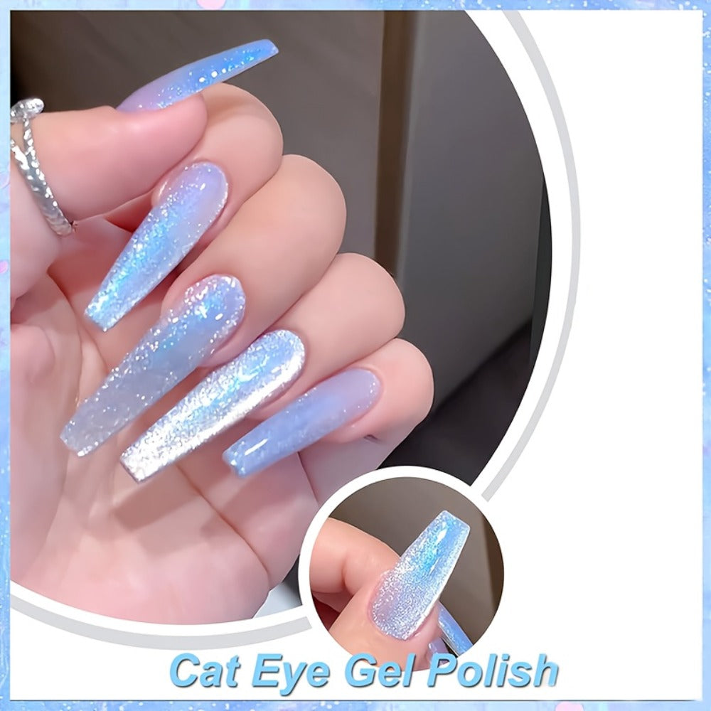 Gel Nail Polish in 10ml Light-Blue Aurora Magnetic Cat-Eye with Holographic Iridescent Shimmer and UV/LED Soak-Off Cure — ima