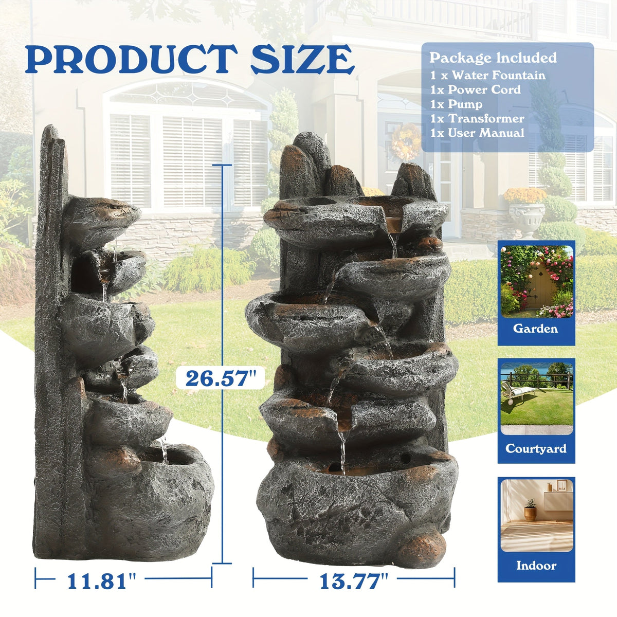 Outdoor Water Fountain 6-Tier Cascading Garden Fountain with LED Lights, Pump & Rocky Peak Decor — image 4